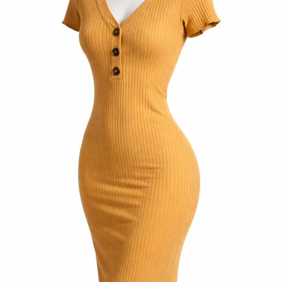 Heart Hips Yellow Ribbed Midi Dress - Picture 2 of 7